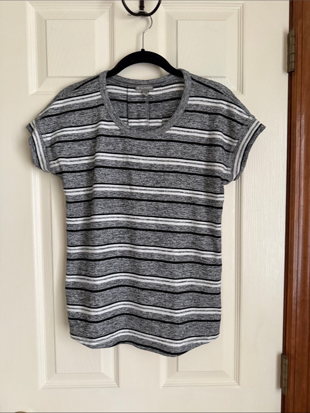 T by Talbots Striped Short Sleeve Tee - Black, Gray & White with back pleat